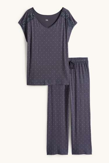 Dames - Pyjama van viscose - met stippen - donkerblauw