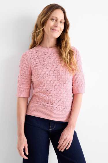 Women - Knitted jumper - short sleeve - textured - pink