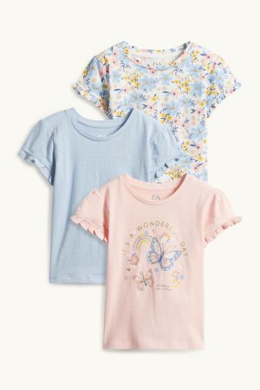 Bambine - Confezione da 3 - fiore e farfalla - maglia a maniche corte - rosa / azzurro