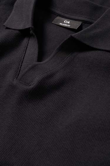 Herren - Langarm-Poloshirt - gestrickt - Relaxed Fit - gerippt - schwarz