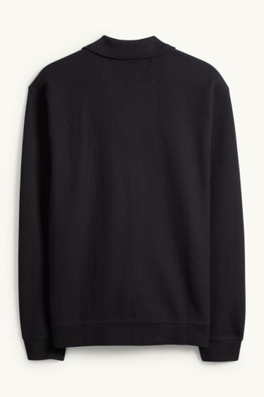 Herren - Langarm-Poloshirt - gestrickt - Relaxed Fit - gerippt - schwarz