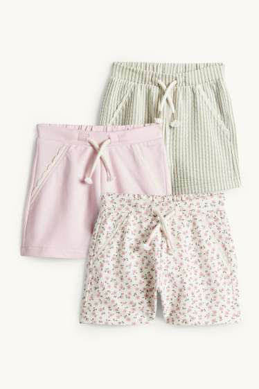 Neonate - Confezione da 3 - fiorellini - shorts felpati per neonate - bianco / rosa