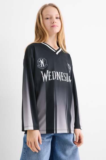 Kinderen: meisjes - Wednesday - longsleeve - gestreept - zwart
