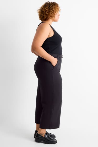 Dámské - Žerzejové kalhoty s páskem - high waist - wide leg - černá