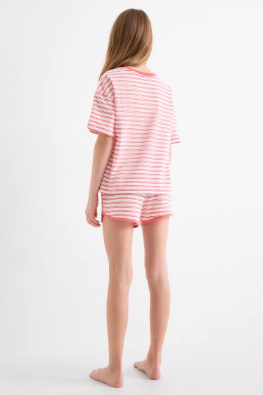 Children Girls - Cherry - terry cloth short pyjamas - 2 piece - striped - white / red