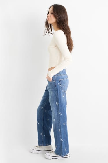 Dámské - Baggy jeans - mid waist - s květinovým vzorem - džíny - modré