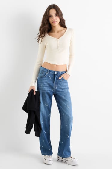 Dámské - Baggy jeans - mid waist - s květinovým vzorem - džíny - modré