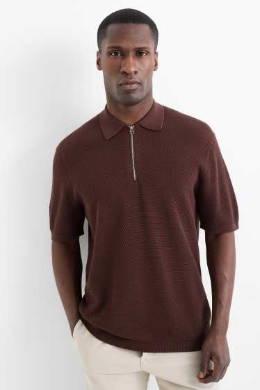 Pánské - Pletená polokošile - regular fit - strukturovaná - tmavohnědá