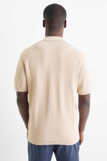 Men - Knitted polo shirt - regular fit - textured - light beige