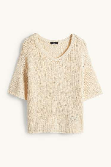 Dámské - Pletený svetr - s krátkým rukávem - světle béžová