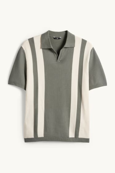 Bărbați - Tricou polo din tricot - regular fit - cu dungi - structurat - verde închis / alb-crem