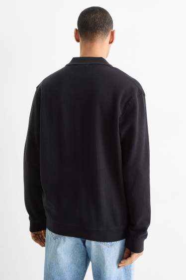 Herren - Langarm-Poloshirt - gestrickt - Relaxed Fit - gerippt - schwarz