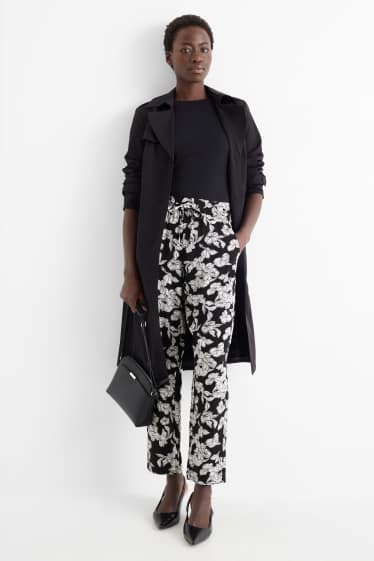 Women - Cloth trousers - high waist - tapered fit - floral - black / white