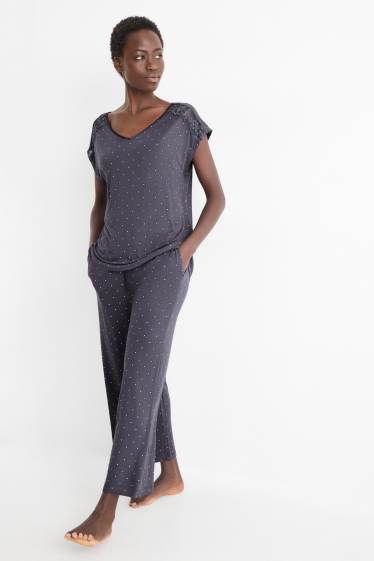 Dames - Pyjama van viscose - met stippen - donkerblauw