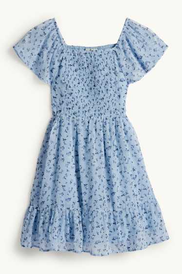 Kinder Mädchen - Blume - Chiffon-Kleid - gesmokt - hellblau