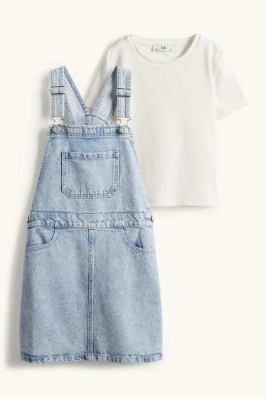 Enfants filles - Ensemble - T-shirt et robe-salopette en jean - 2 pièces - gris foncé / gris clair