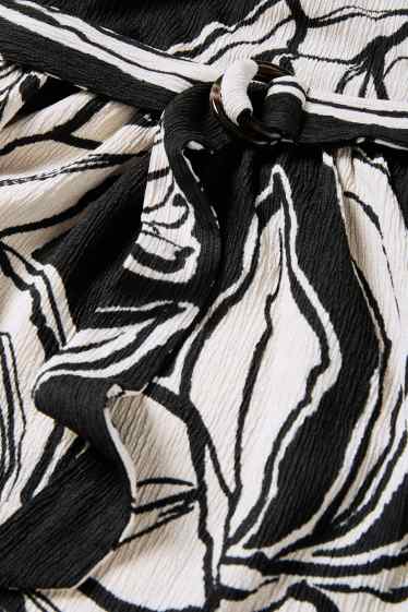 Damen - Fit & Flare Kleid mit Gürtel - geblümt - strukturiert - schwarz / beige