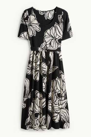 Damen - Fit & Flare Kleid mit Gürtel - geblümt - strukturiert - schwarz / beige