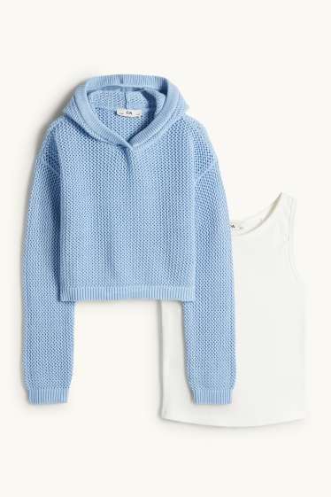 Enfants filles - Ensemble - pull à capuche et top - 2 pièces - bleu / blanc