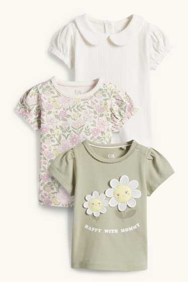 Miminka - dívky - Multipack 3 ks - květiny - tričko s krátkým rukávem pro miminka - bílá/zelená