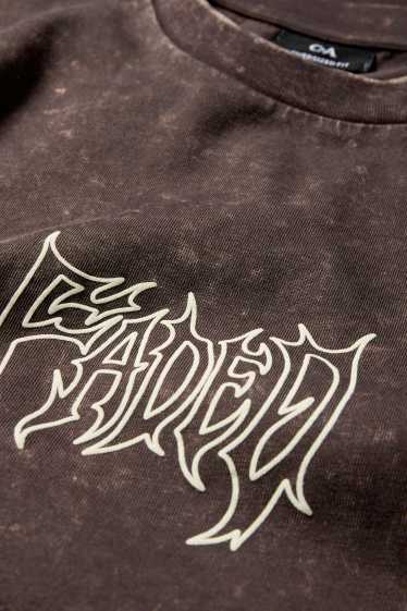 Pánské - Tričko - oversized - se vzorem - tmavohnědá