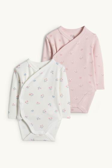 Bébés filles - Lot de 2 - petites fleurs - body croisé bébé - finition côtelée - blanc / rose