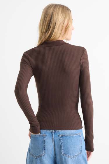 Women - Polo shirt - slim fit - ribbed - dark brown