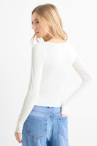 Femmes - Haut court à manches longues - regular fit - finition côtelée - blanc