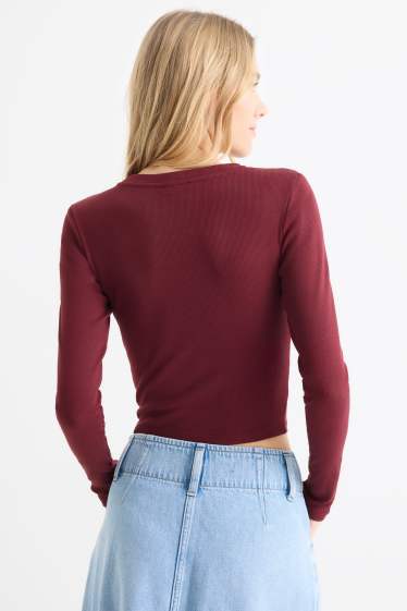Dames - Korte longsleeve - slim fit - ribstof - bordeaux