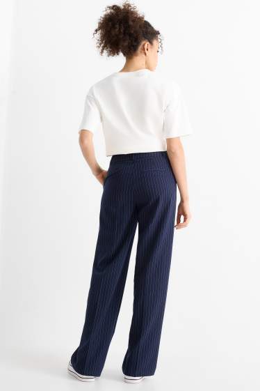 Dámské - Plátěné kalhoty - mid waist - wide leg - tmavomodrá