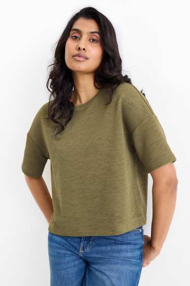 Women - T-shirt - regular fit - ribbed - dark green
