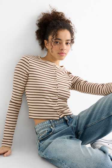 Women - Cropped long sleeve top - slim fit - ribbed - striped - light beige