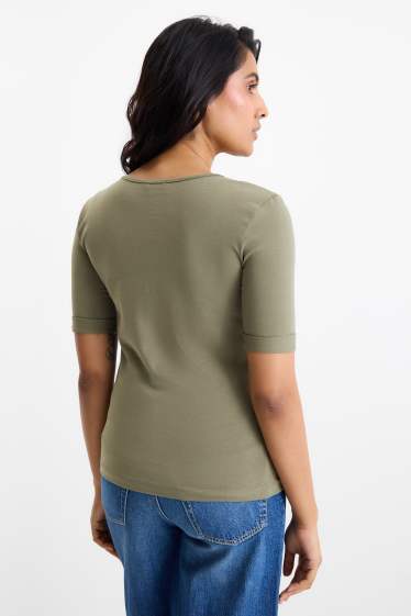 Femmes - T-shirt avec encolure en V - slim fit - vert foncé