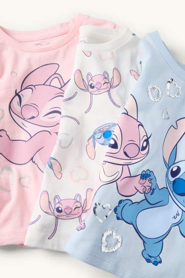 Kinder Mädchen - Multipack 3er - Lilo & Stitch - Kurzarmshirt - Glanz-Effekt - rosa / hellblau