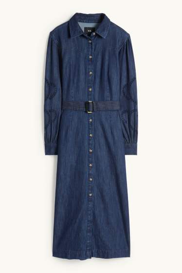 Femmes - Robe-chemisier en jean à ceinture - bleu foncé