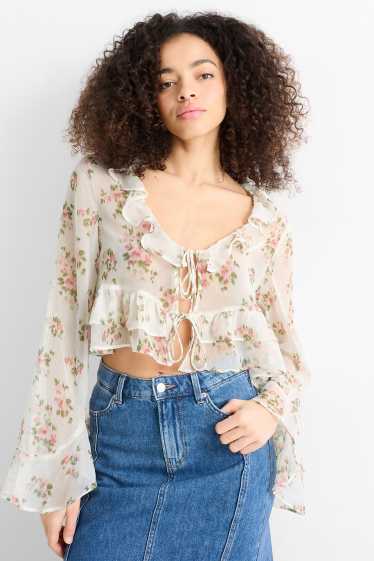 Dames - Korte blouse van chiffon - gebloemd - crème wit