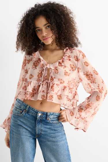 Dames - Korte blouse van chiffon - gebloemd - roze
