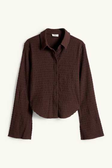Femei - Bluză tip cămașă - cu fronseuri - maro închis