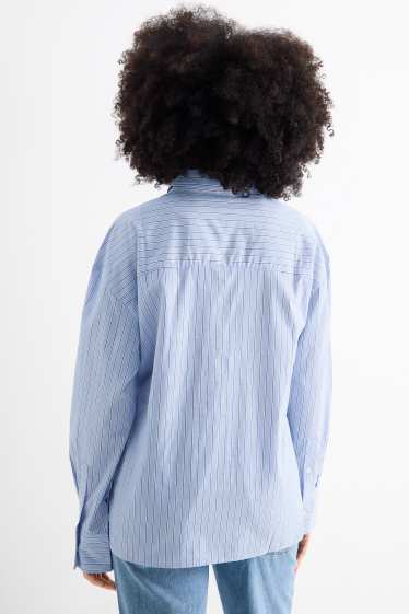 Dames - Blouse met V-hals en geknoopt detail - gestreept - lichtblauw