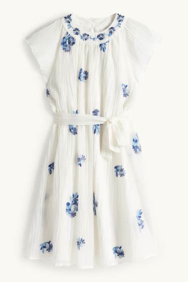 Enfants filles - Fleur - robe - effet brillant - bleu  / crème