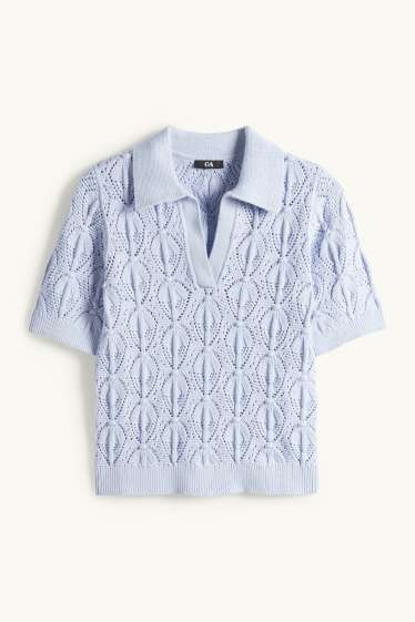 Women - Knitted jumper - short sleeve - light blue