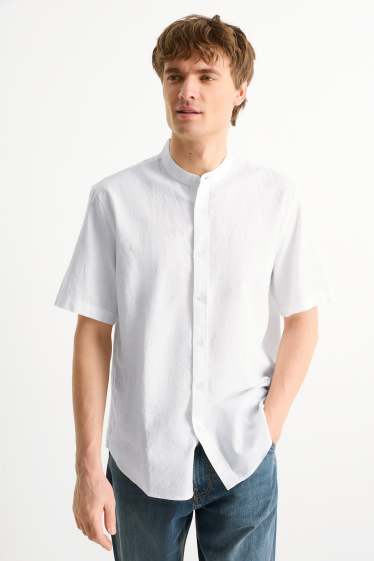 Herren - Hemd - Regular Fit - Stehkragen - Leinen-Mix - weiss