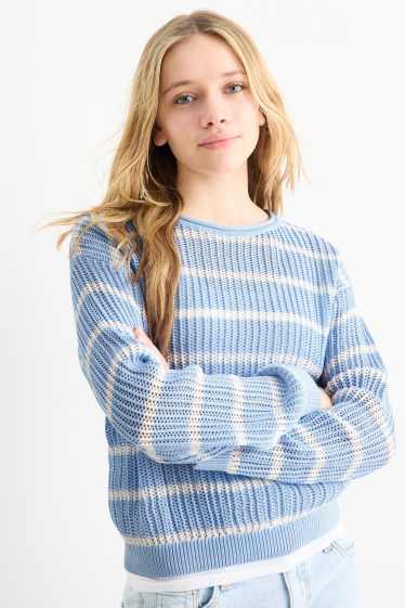 Enfants filles - Pull - finition côtelée - à rayures - blanc / bleu clair