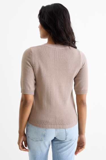 Dames - Gebreide trui - korte mouwen - taupe