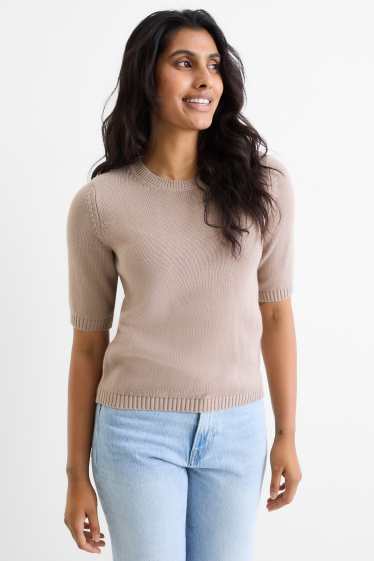 Dames - Gebreide trui - korte mouwen - taupe