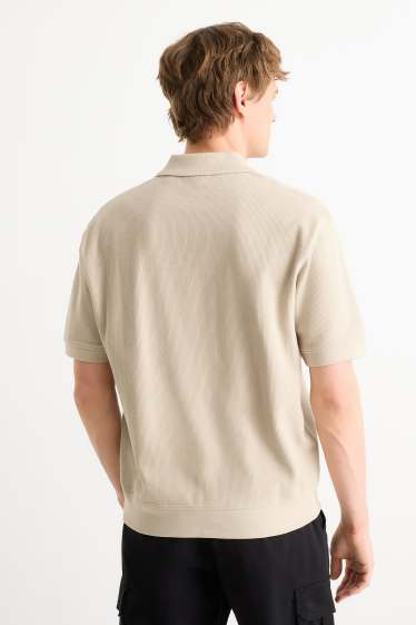 Heren - Gebreid poloshirt - relaxed fit - ribstof - beige