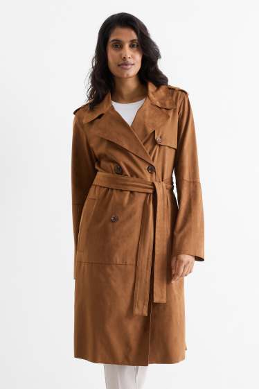 Damen - Trenchcoat - Velourslederimitat - braun