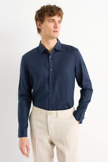 Men - Linen shirt - regular fit - kent collar - dark blue