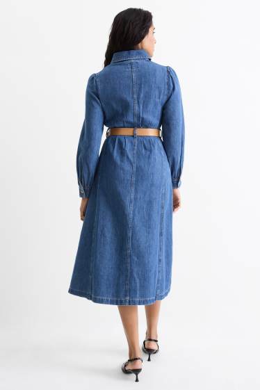 Dames - Denim blousejurk met V-hals en riem - jeansblauw