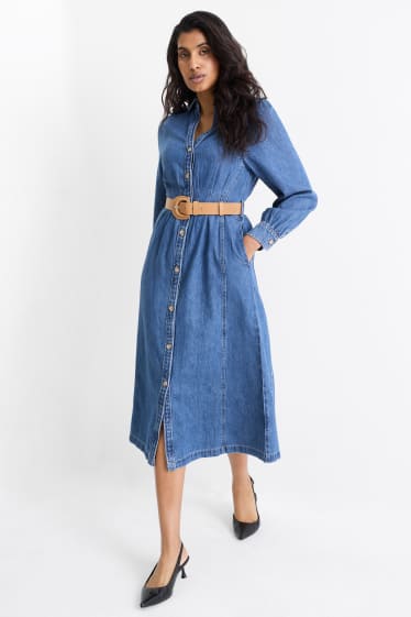 Dames - Denim blousejurk met V-hals en riem - jeansblauw